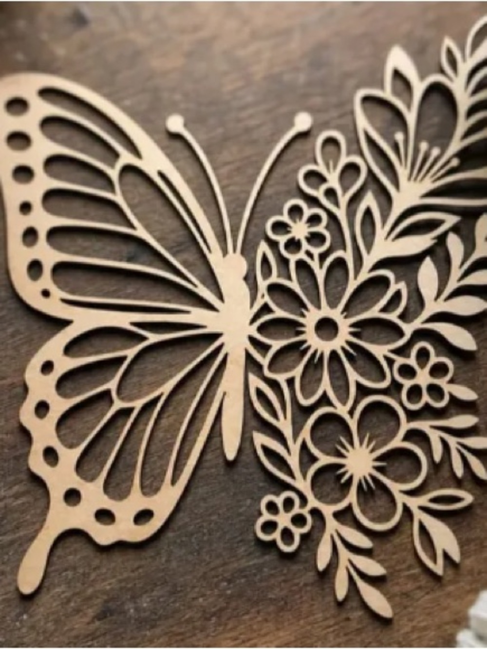 Handmade Wooden Butterfly Floral Wall Art - Natural Beige